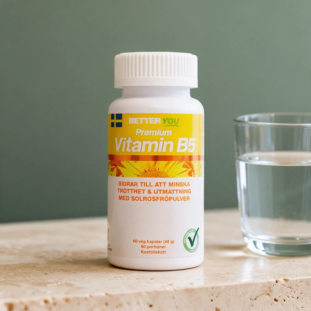 Better You Premium Vitamin B5, boks med 60 vegetabilske kapsler med solsikkefrøpulver