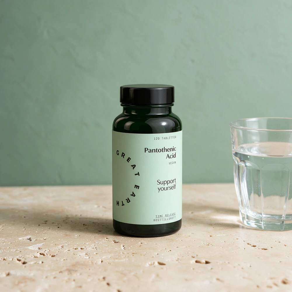 Great Earth Pantothenic Acid, boks merket «120 tabletter» og «time release»