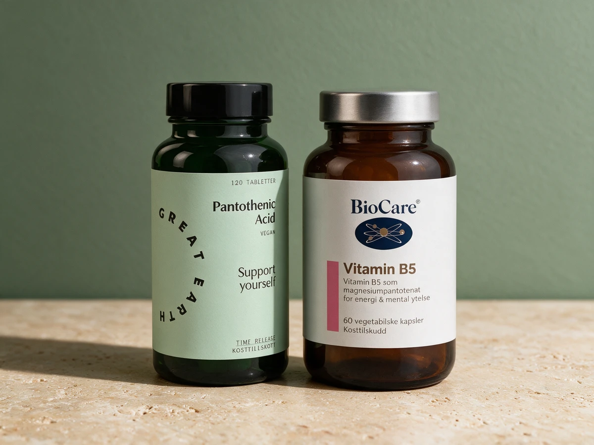 Great Earth Pantotensyre Vitamin B5 og BioCare Vitamin B5, tablett og plantekapsel med flest hjelpestoffer i testen
