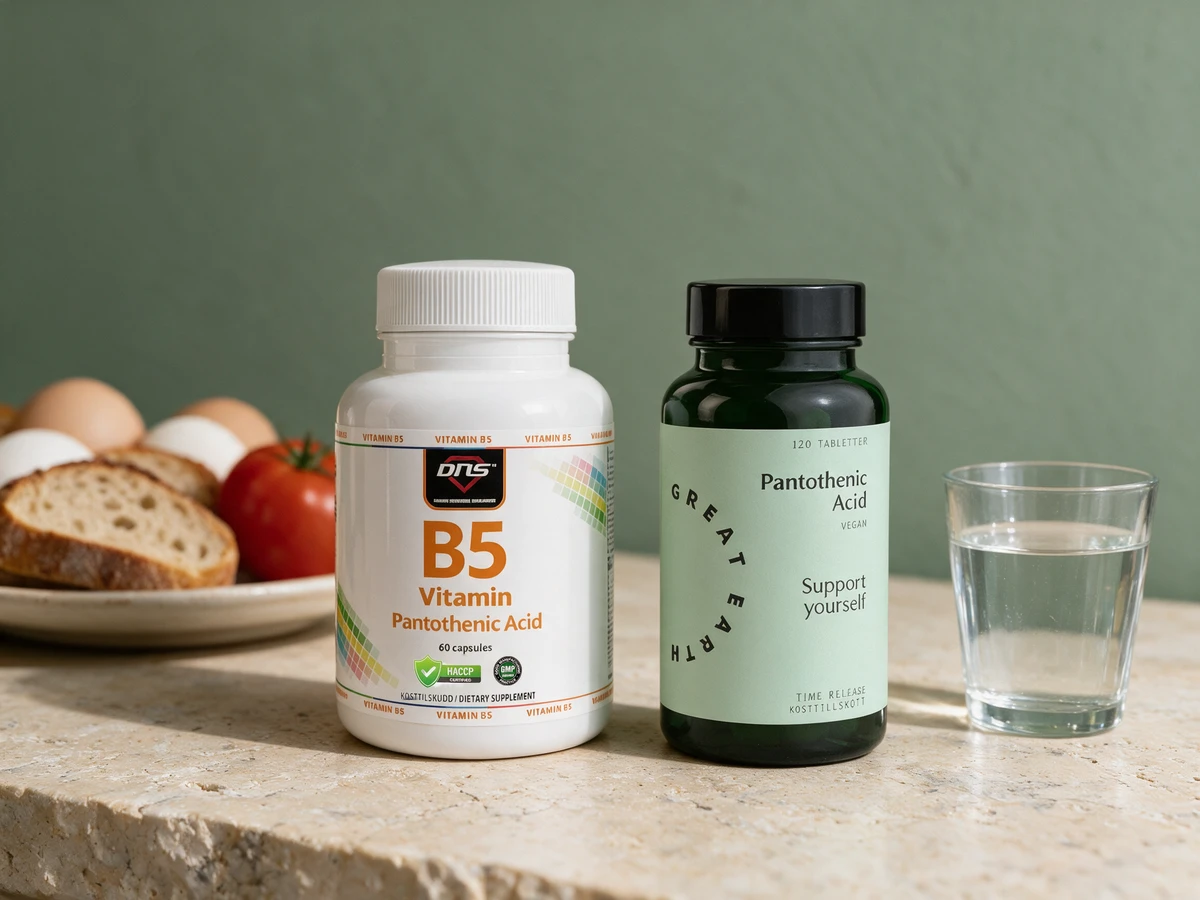 DNS Vitamin B5 Pantotensyre og Great Earth Pantotensyre Vitamin B5, gelatinkapsel og belagt tablett
