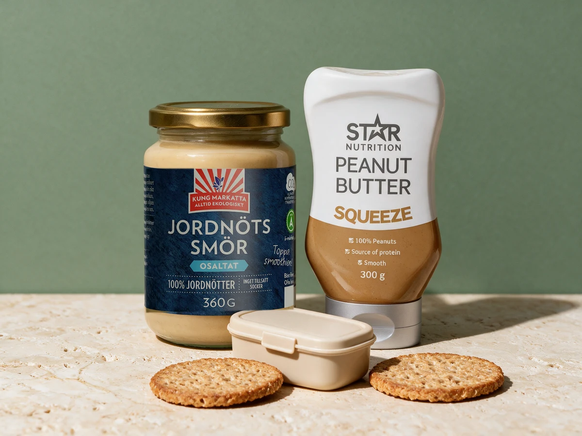 Kung Markatta Jordnötssmör «Osaltat» i glass med skrulokk og Star Nutrition Peanut Butter Squeeze i klemflaske