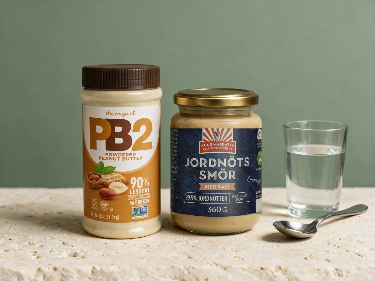 PB2 Powdered Peanut Butter i boks og Kung Markatta Jordnötssmör «Med salt» i glass – pulver og ferdig smør