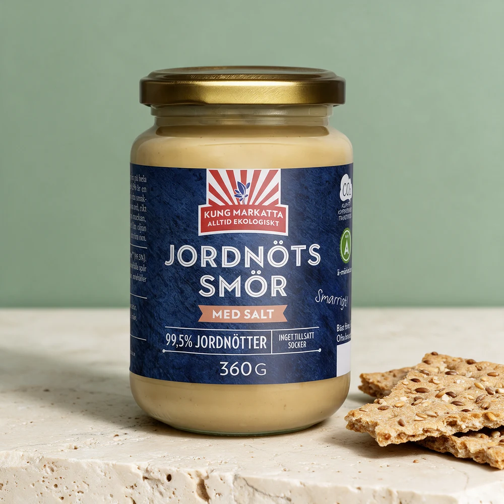 Kung Markatta Jordnötssmör «Med salt» i glass med skrulokk, merket «99,5% jordnötter» og «Inget tillsatt socker»