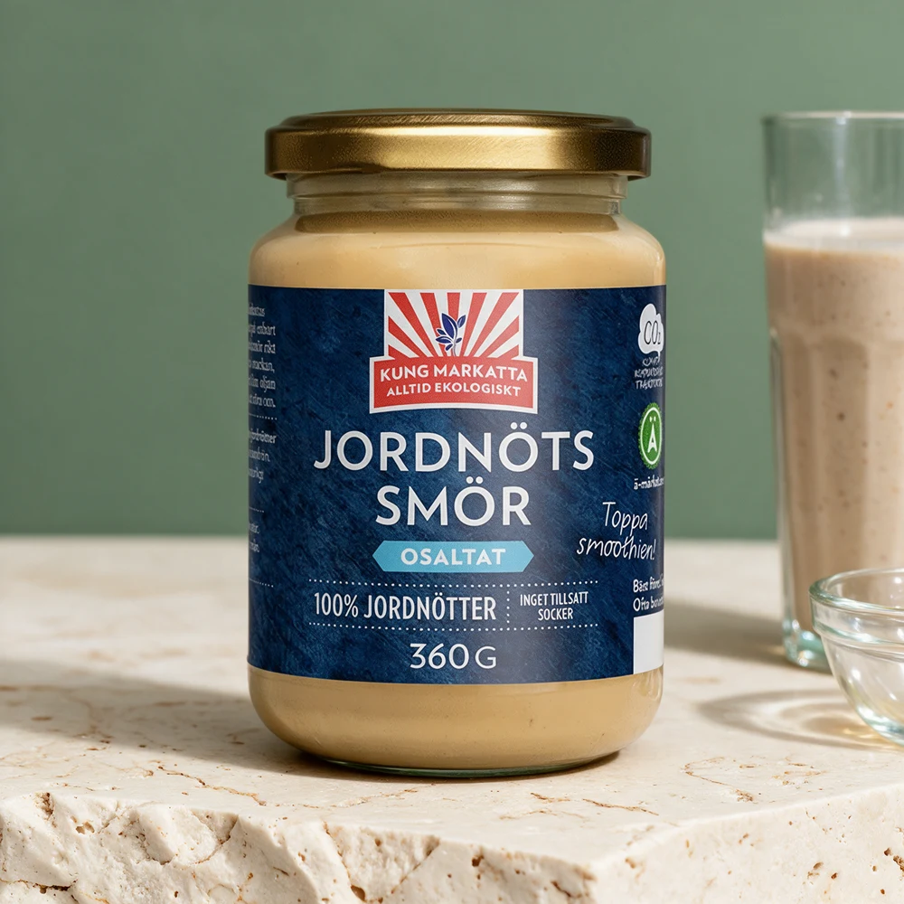 Kung Markatta Jordnötssmör «Osaltat» i glass med skrulokk, merket «100% jordnötter» og «Inget tillsatt socker»