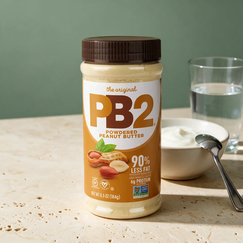 PB2 Powdered Peanut Butter i boks på 184 g, merket «90% less fat» og «6g protein»