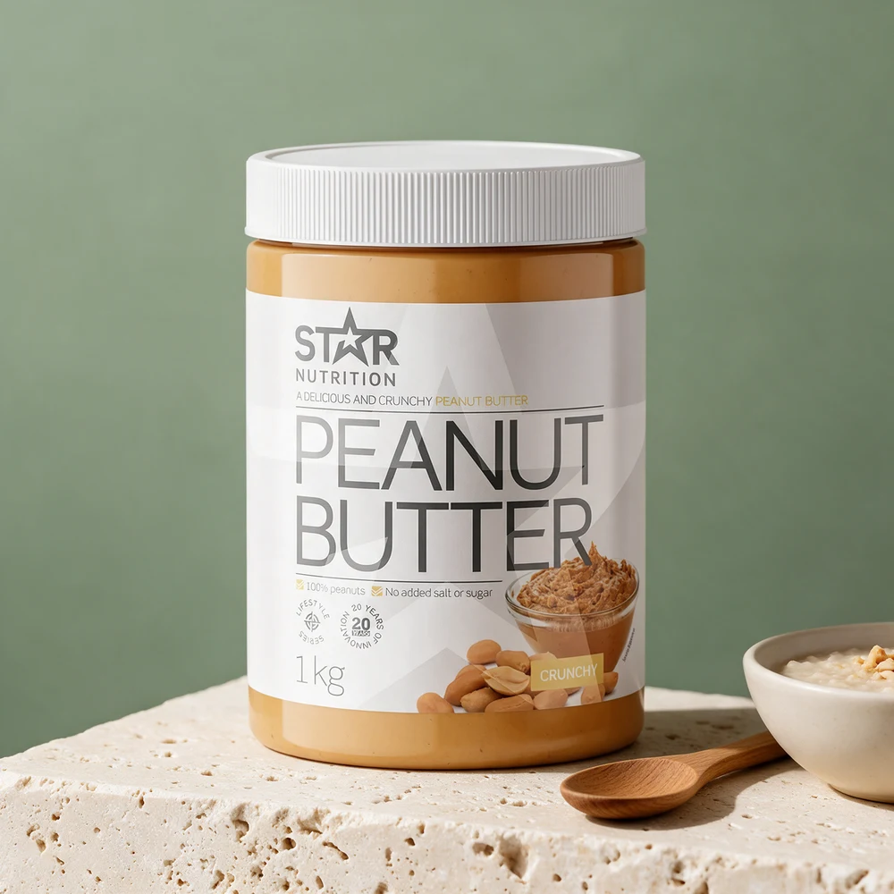 Star Nutrition Peanut Butter Crunchy i 1 kg spann merket «100% peanuts» og «No added salt or sugar»