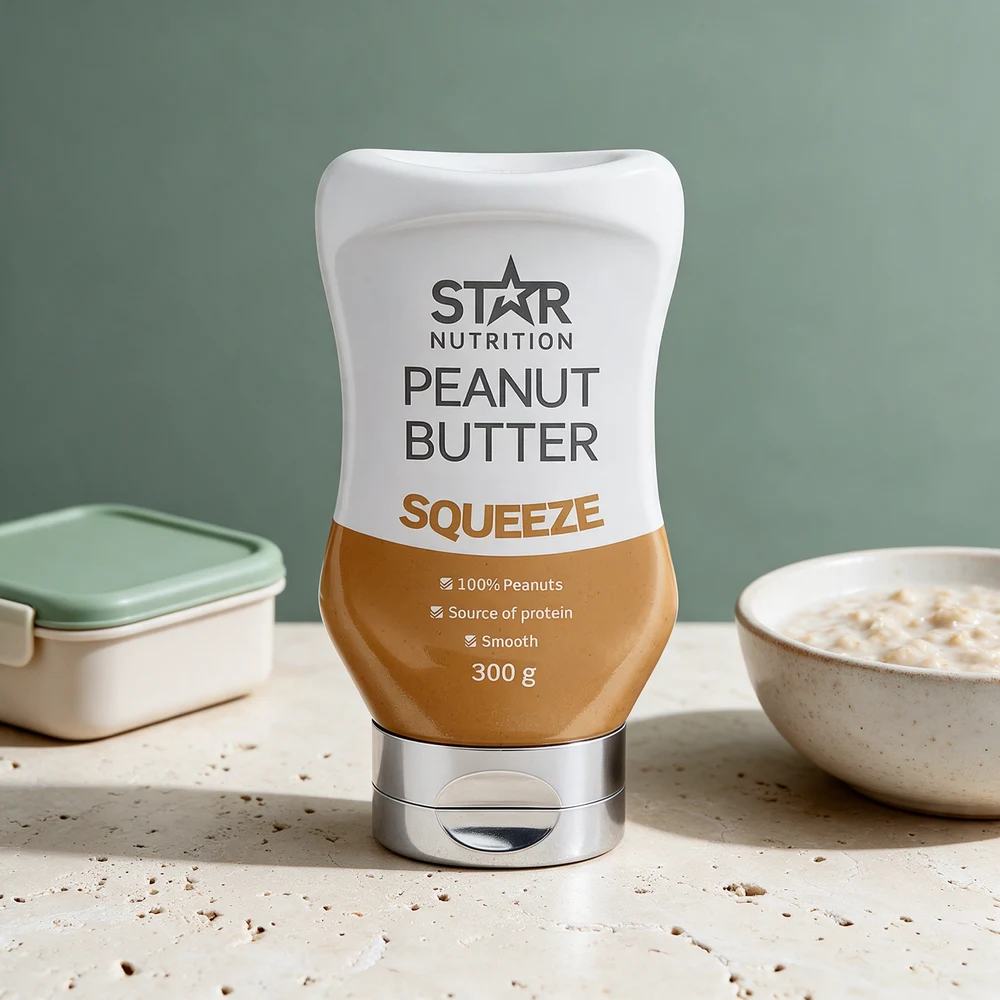 Star Nutrition Peanut Butter Squeeze 300 g, klemflaske som står på lokket, merket «100% Peanuts» og «Smooth»