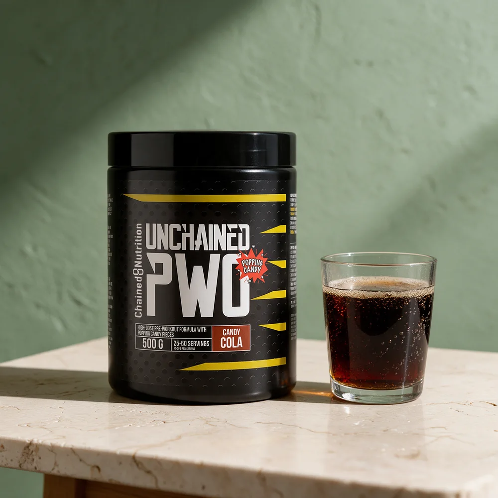 Chained Nutrition Unchained PWO Candy Cola med popping candy på boksen og et glass brun drikk som bobler