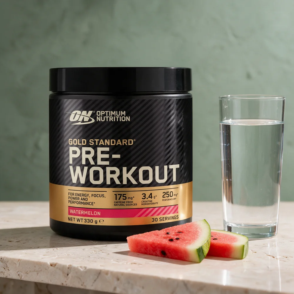 Optimum Nutrition Gold Standard Pre-Workout Watermelon med 3,4 g kreatin på boksen og et høyt glass vann