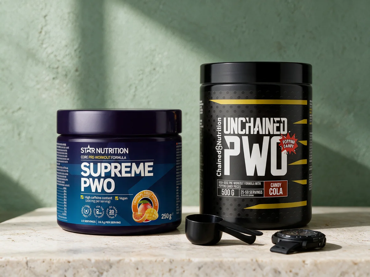 Star Nutrition Supreme PWO og Chained Nutrition Unchained PWO Candy Cola med en tom måleskje
