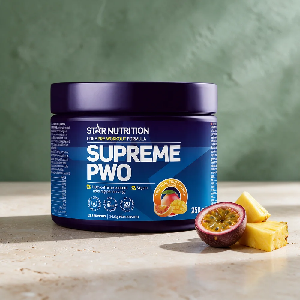 Star Nutrition Supreme PWO Tropical Fruit Punch, boks merket vegansk