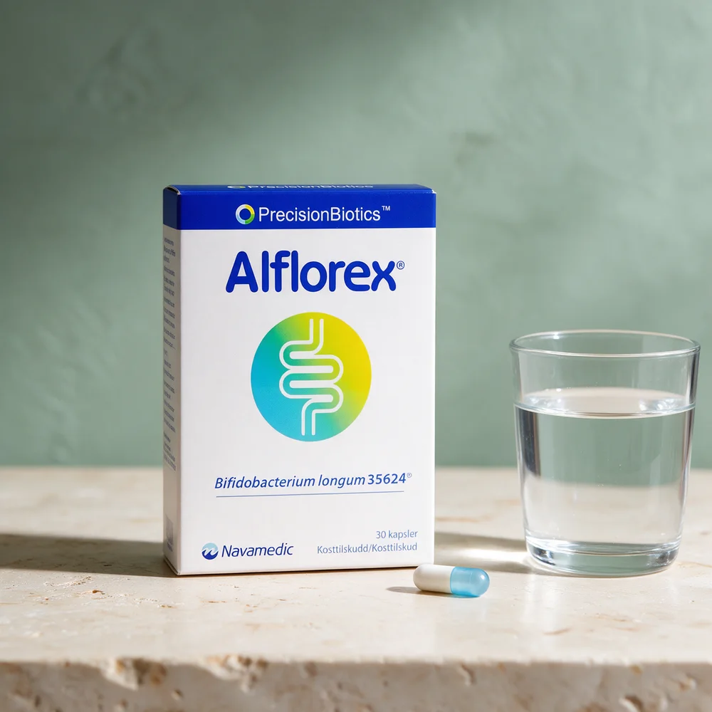 Alflorex, eske med 30 kapsler Bifidobacterium longum 35624, ved et glass vann