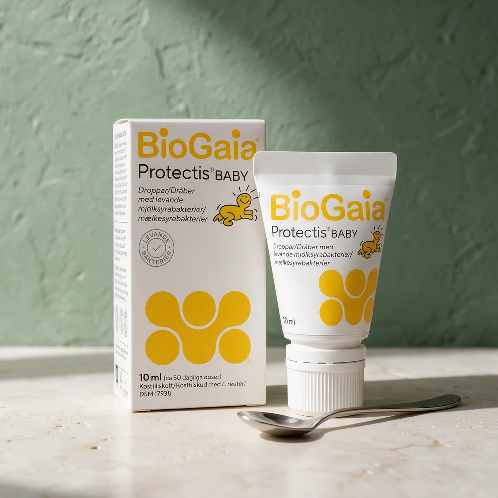 BioGaia Protectis Baby, eske og tube med 10 ml dråper, ved en teskje
