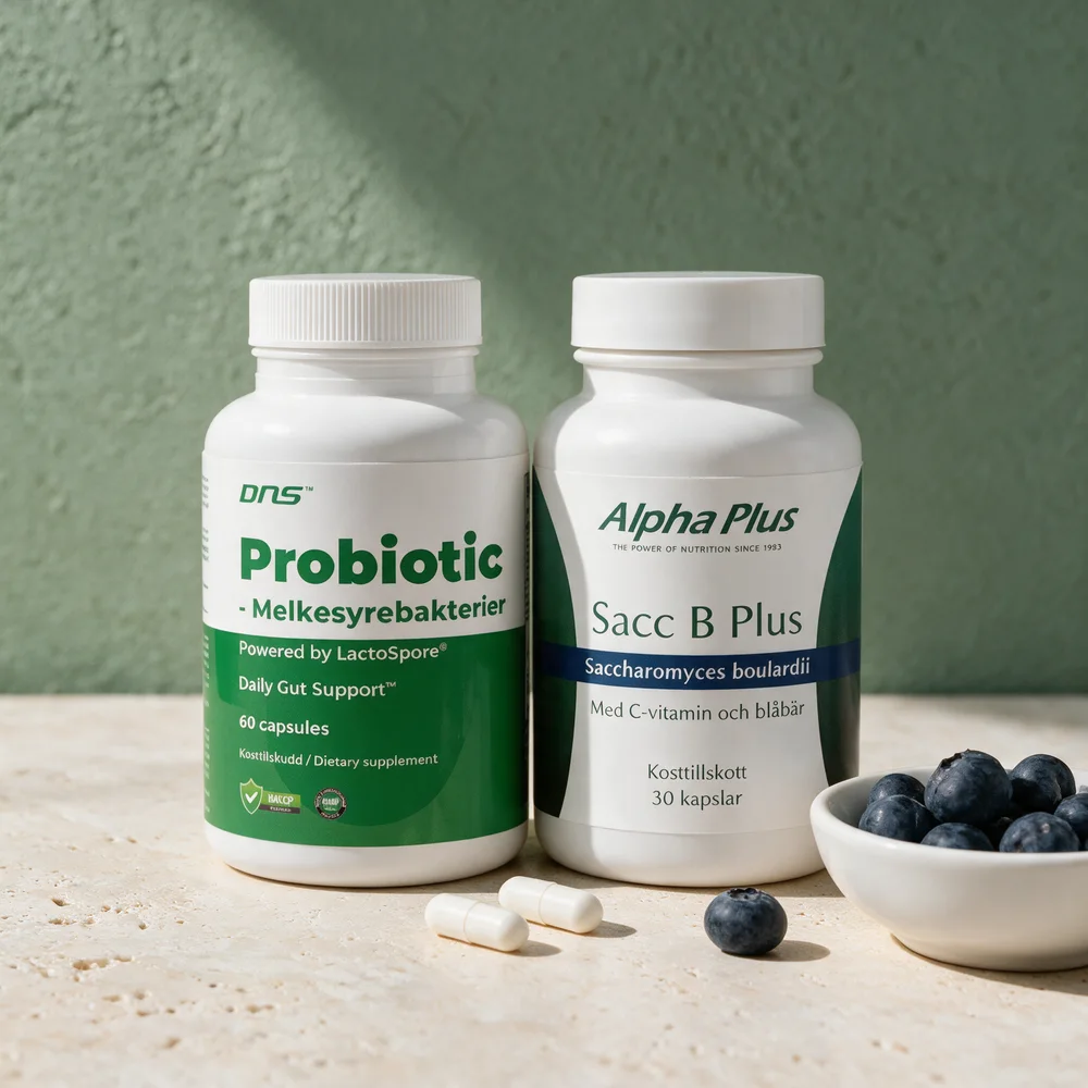 DNS Probiotic Lactospore, boks med 60 kapsler, og Alpha Plus Sacc B Plus, boks med 30 kapsler, ved blåbær