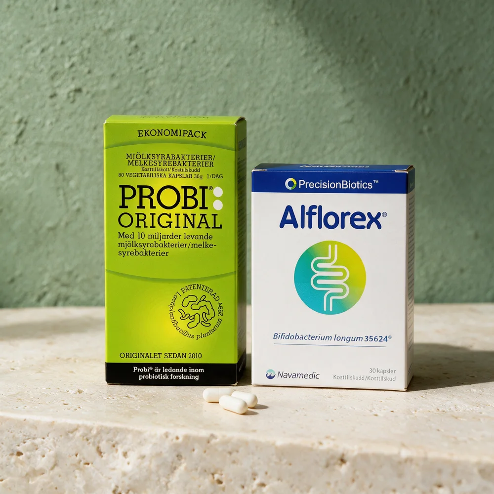 Probi Original, eske med 80 kapsler, og Alflorex, eske med 30 kapsler Bifidobacterium longum 35624, med noen kapsler foran