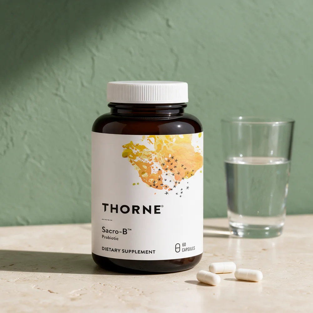 Thorne Sacro-B, brun glassflaske med 60 kapsler, med tre kapsler og et glass vann