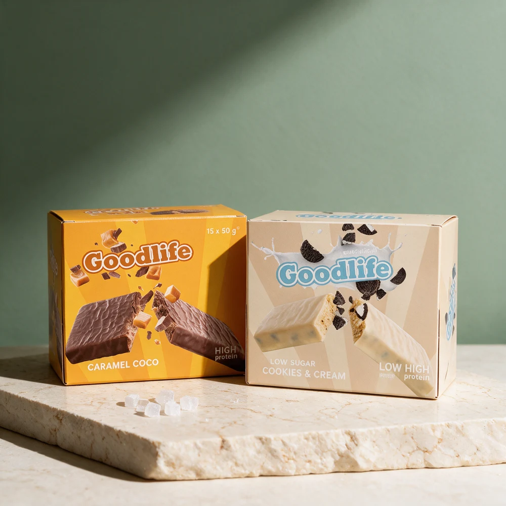 Eskene til Goodlife Proteinbar Caramel Coco og Goodlife Low Sugar Cookies & Cream, med sukkerbiter foran esken med sukker