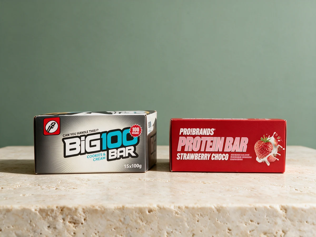 Kartongene til Proteinfabrikken Big 100 Cookies & Cream og Pro Brands Protein Bar Strawberry Choco side om side