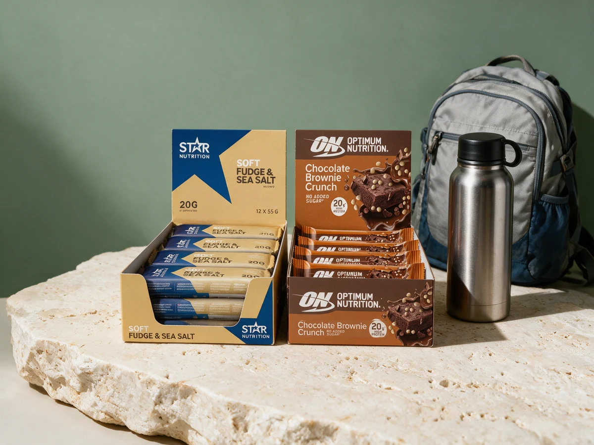 Eskene til Star Nutrition Protein Bar Soft Fudge & Sea Salt og Optimum Nutrition Chocolate Brownie Crunch side om side