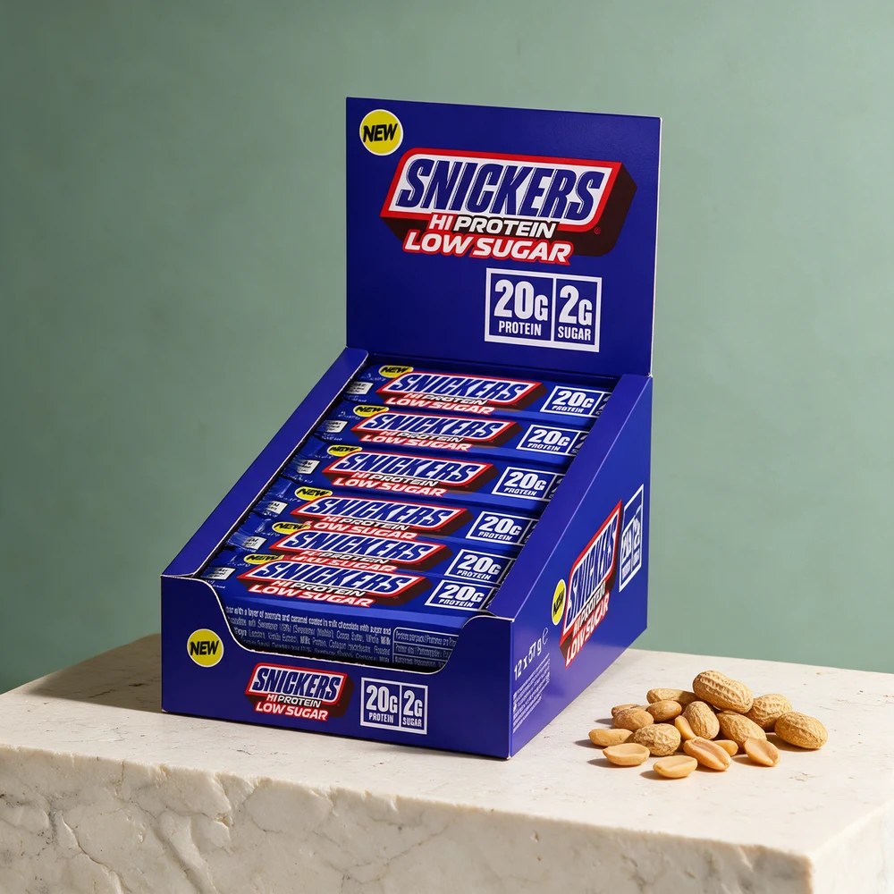 Snickers Hi Protein Low Sugar i eske og en liten haug ristede peanøtter