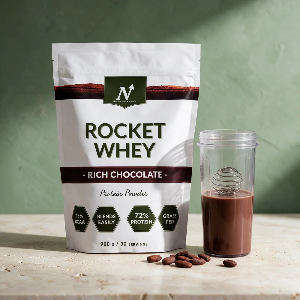 Nyttoteket Rocket Whey Rich Chocolate, hvit pose på 900 gram merket «72 % protein» og «Grass fed»