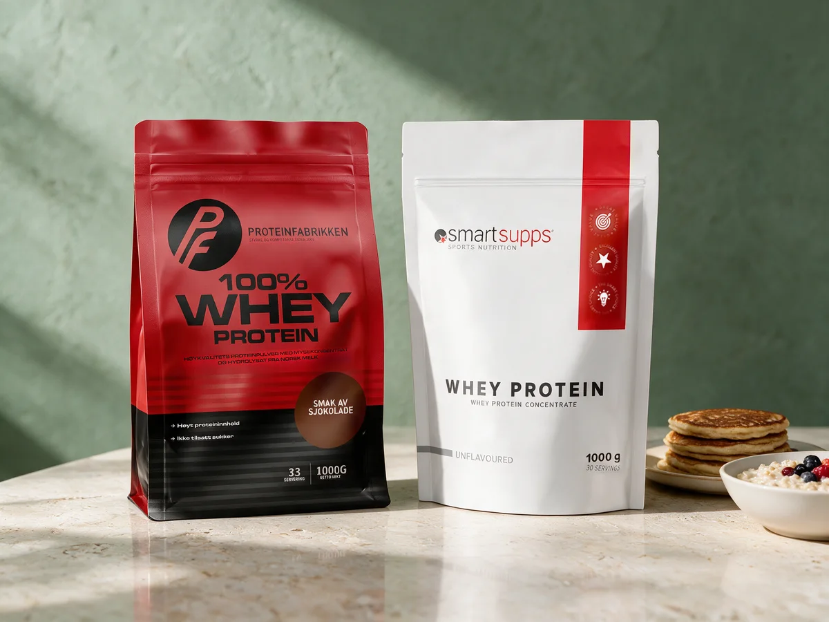 Proteinfabrikken 100 % Whey Protein «Smak av sjokolade», rød og svart pose, og SmartSupps Whey Protein Unflavoured, hvit pose