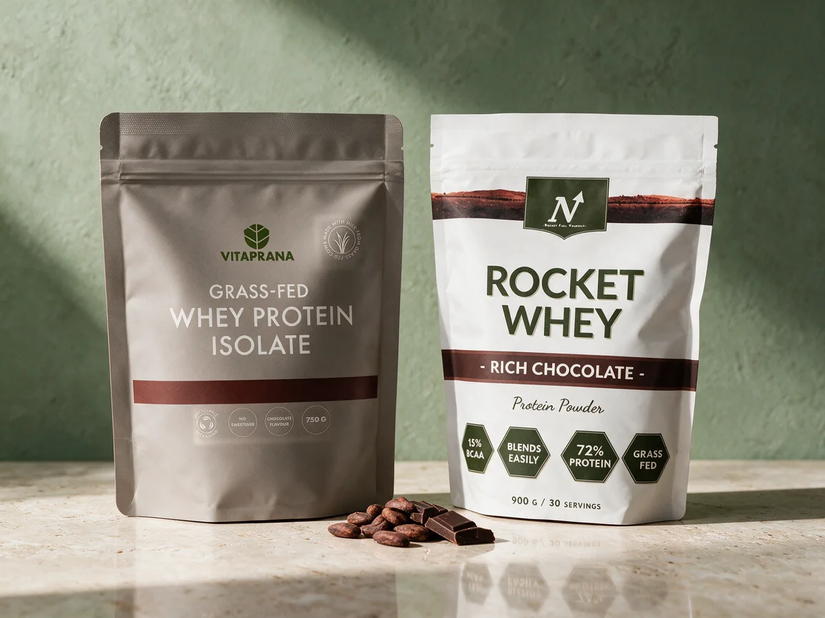 Vitaprana Grass-fed Whey Protein Isolate, gråbrun pose merket «No sweetener», og Nyttoteket Rocket Whey Rich Chocolate, hvit pose merket «72 % protein»