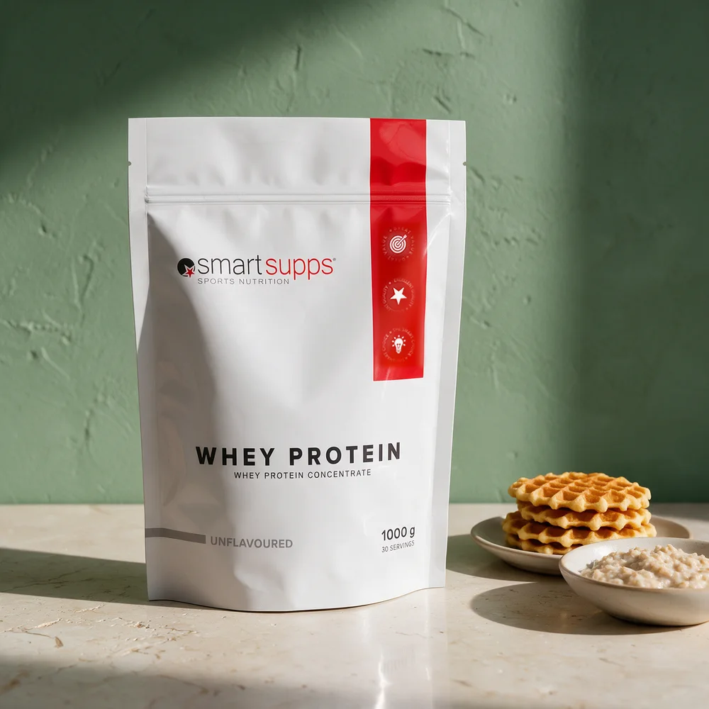 SmartSupps Whey Protein Unflavoured, hvit pose med rød stripe på 1000 g merket «30 servings»