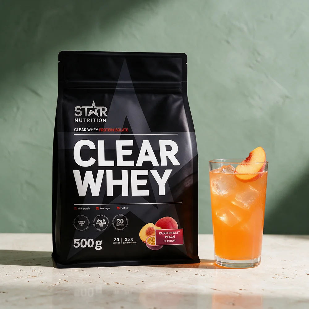 Star Nutrition Clear Whey Passionfruit Peach, svart pose på 500 g merket «20 servings» og «25 g quantity/serving»