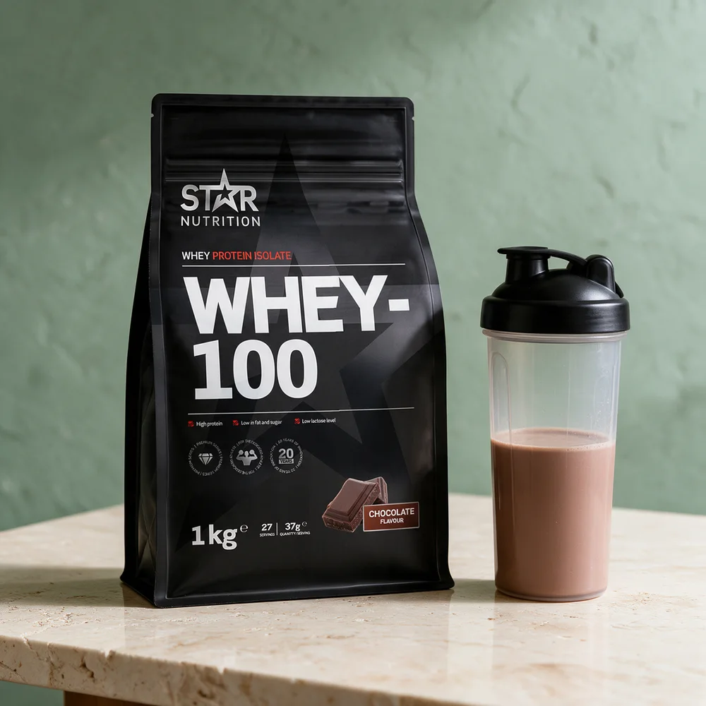 Star Nutrition Whey-100 Chocolate, svart pose på 1 kg merket «27 servings» og «37 g quantity/serving»