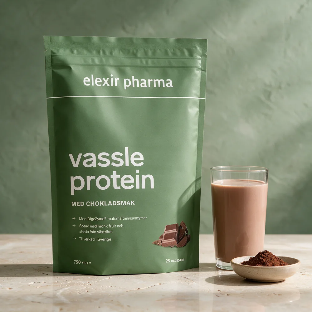 Elexir Pharma Vassleprotein «med chokladsmak», grønn pose på 750 gram merket «25 dagsdoser»