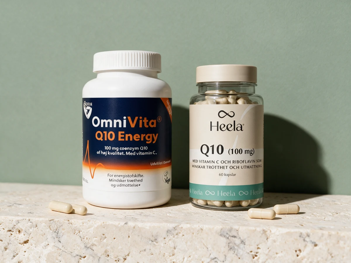 BioSym OmniVita Q10 Energy og Heela Q10 side om side, Q10 i olje og Q10 som tørt pulver, med kapsler foran
