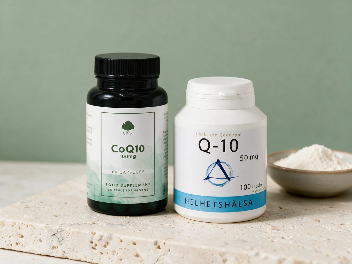G&G Vitamins CoQ10 og Helhetshälsa Q-10 side om side ved en skål hvitt pulver