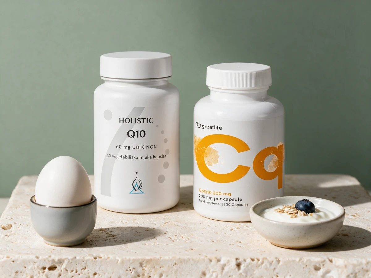 Holistic Q10 og Greatlife CoQ10 side om side mellom et kokt egg og en skål yoghurt