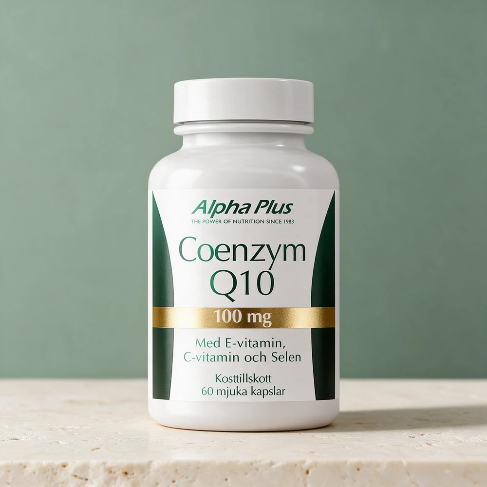 Alpha Plus Coenzym Q10, hvit boks med grønn og gull etikett og 60 myke kapsler