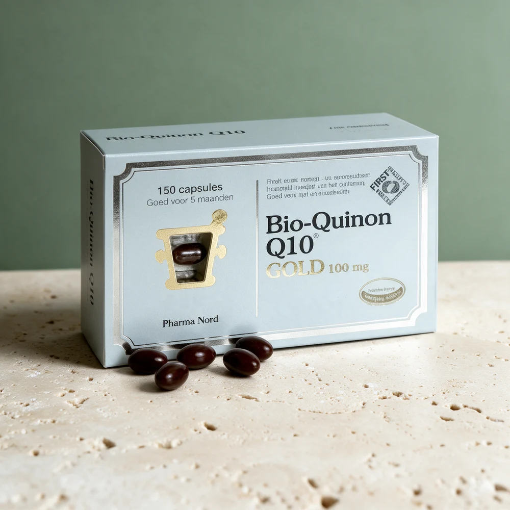 Bio-Qinon Q10 Gold, lys eske med 150 kapsler og seks mørke, myke kapsler foran