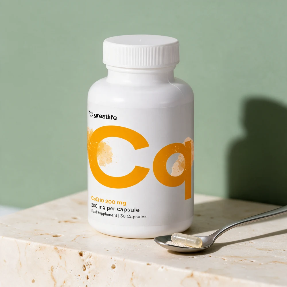 Greatlife CoQ10 200 mg, hvit boks med stor oransje «Cq», og en åpnet kapsel med pulver på en teskje