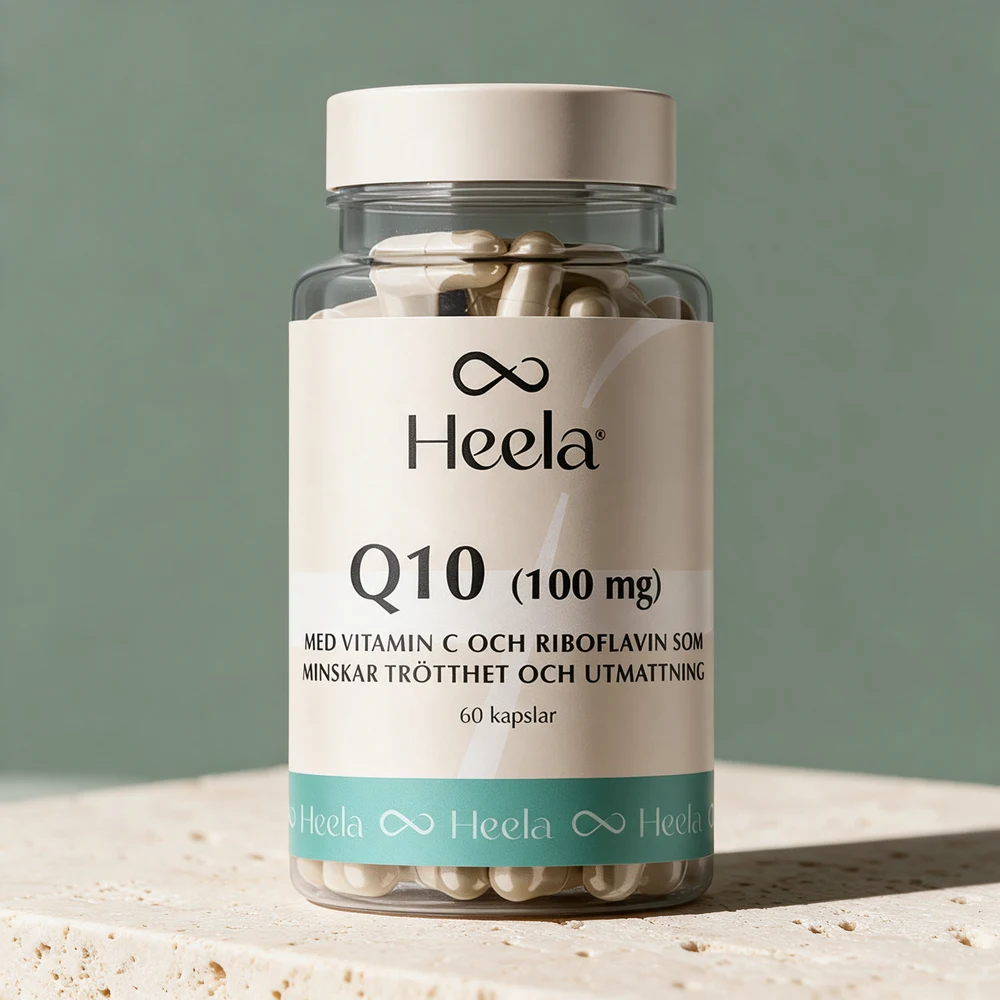 Heela Q10 i gjennomsiktig boks der de lyse kapslene synes gjennom