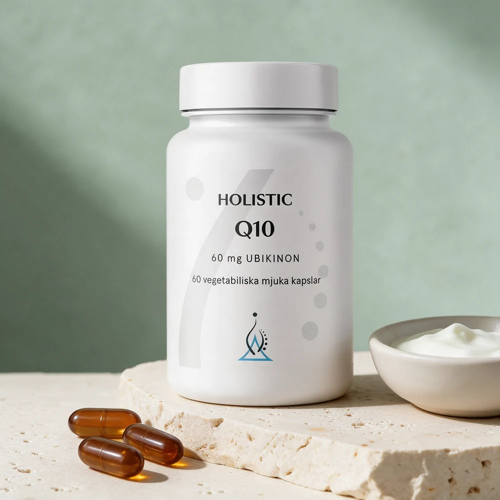 Holistic Q10 60 mg ubikinon, hvit boks med 60 myke kapsler og tre brune kapsler foran