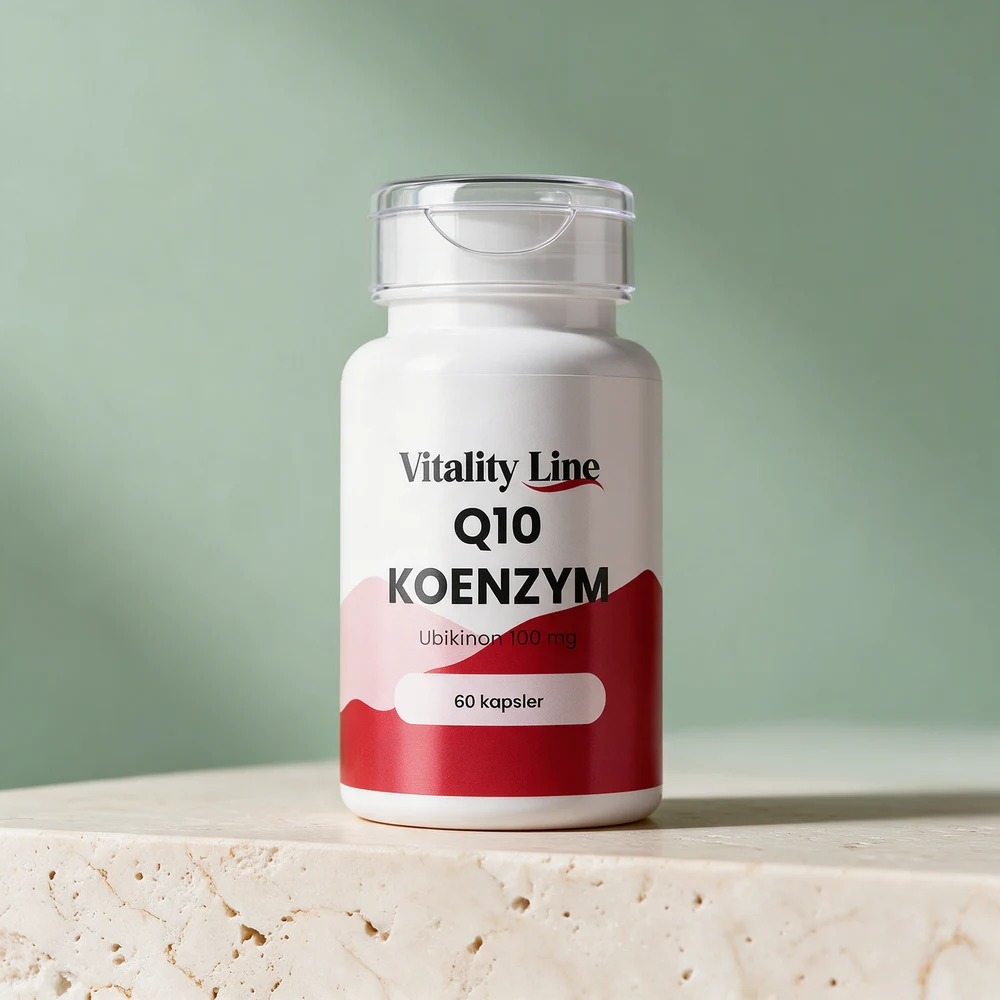 Vitality Line Q10 Koenzym, hvit boks med rød etikett og 60 kapsler