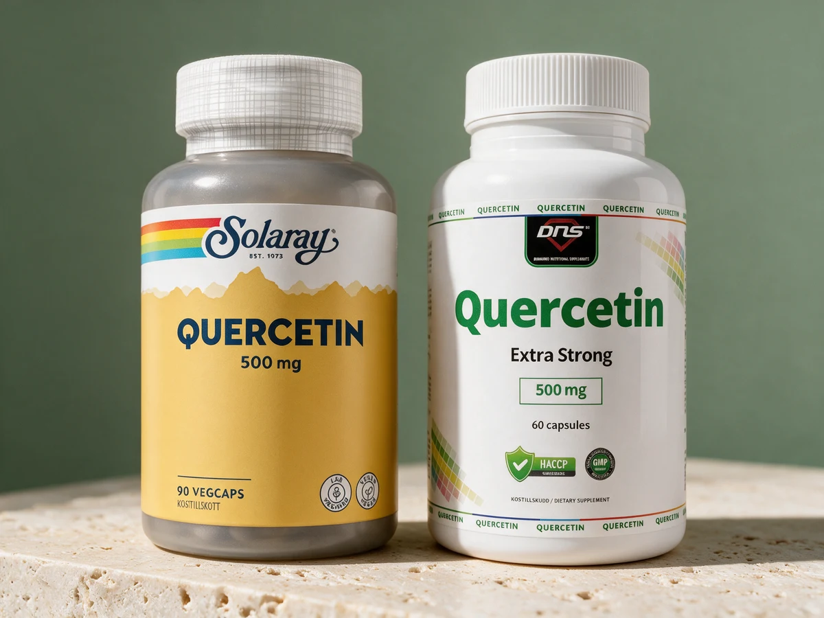 Solaray Quercetin 500 mg og DNS Quercetin Extra Strong 500 mg, to bokser med samme mengde ren quercetin