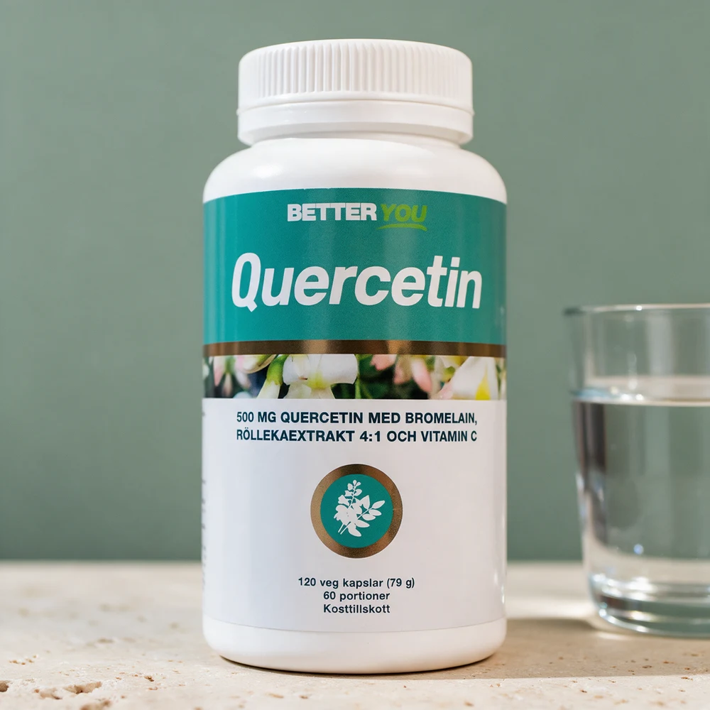 Better You Quercetin i høy hvit boks med grønt bånd øverst på etiketten, 120 kapsler