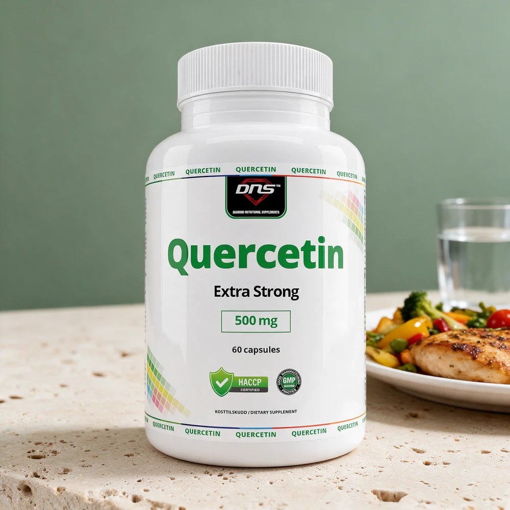 DNS Quercetin Extra Strong 500 mg i hvit boks med hvitt lokk og grønn tekst, 60 kapsler