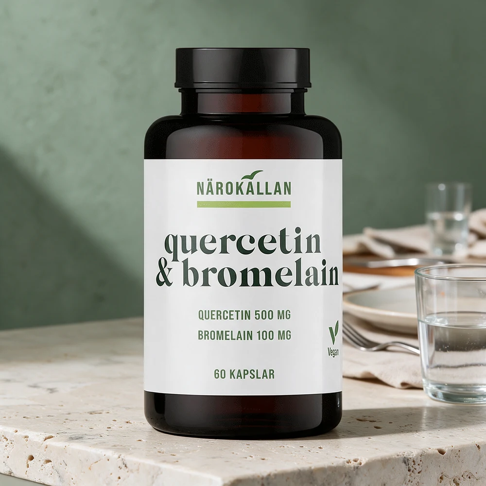 Närokällan Quercetin & Bromelain i mørk boks med svart lokk og hvit etikett, 60 kapsler