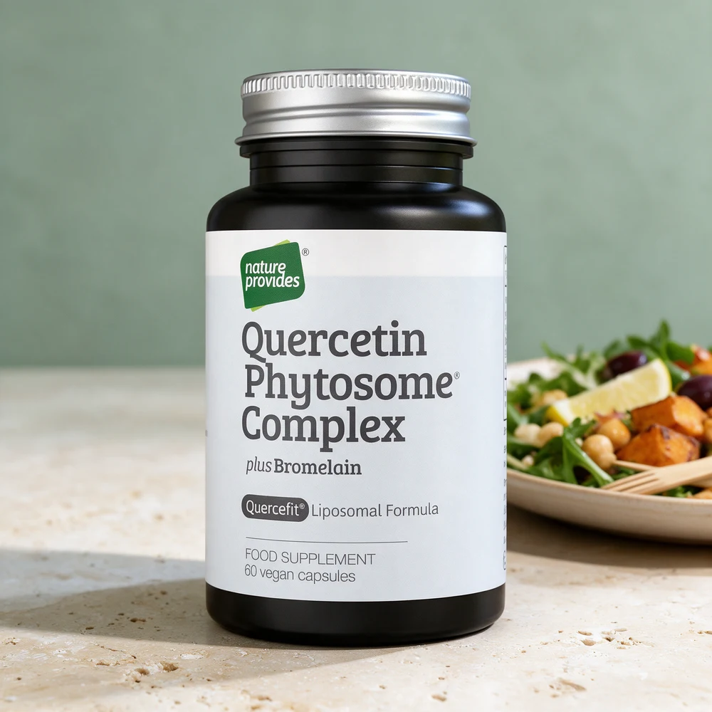 Nature Provides Quercetin Phytosome Complex i mørk boks med sølvfarget lokk og hvit etikett, 60 kapsler