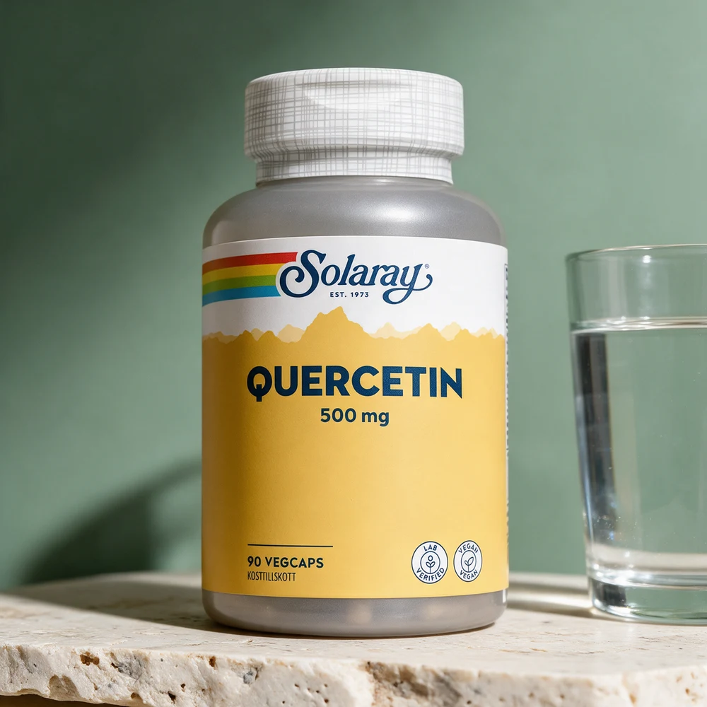 Solaray Quercetin 500 mg i grå plastboks med hvitt lokk og gul etikett, 90 kapsler
