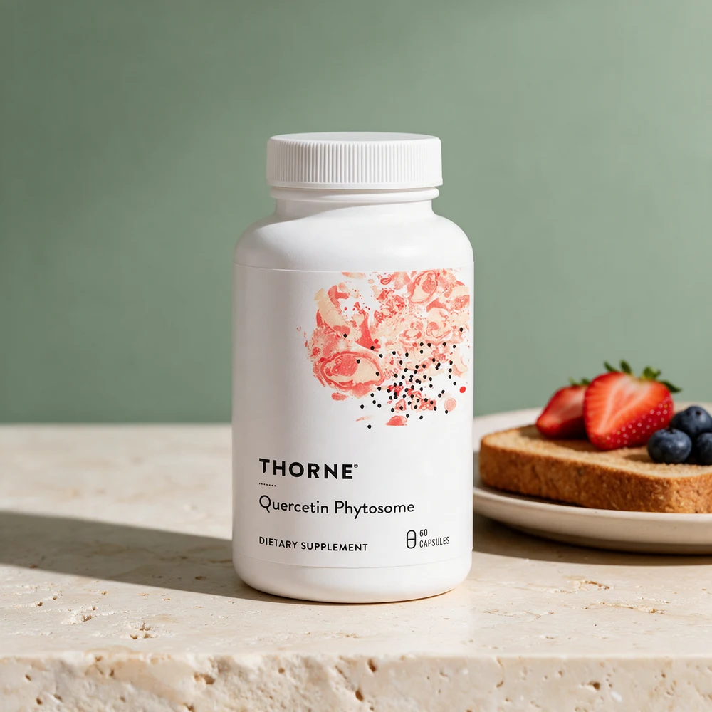 Thorne Quercetin Phytosome i hvit boks med korallfarget mønster på etiketten, 60 kapsler
