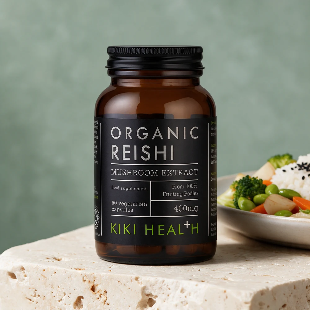 Kiki Health Organic Reishi Extract, boks med 60 plantekapsler med 400 mg ekstrakt