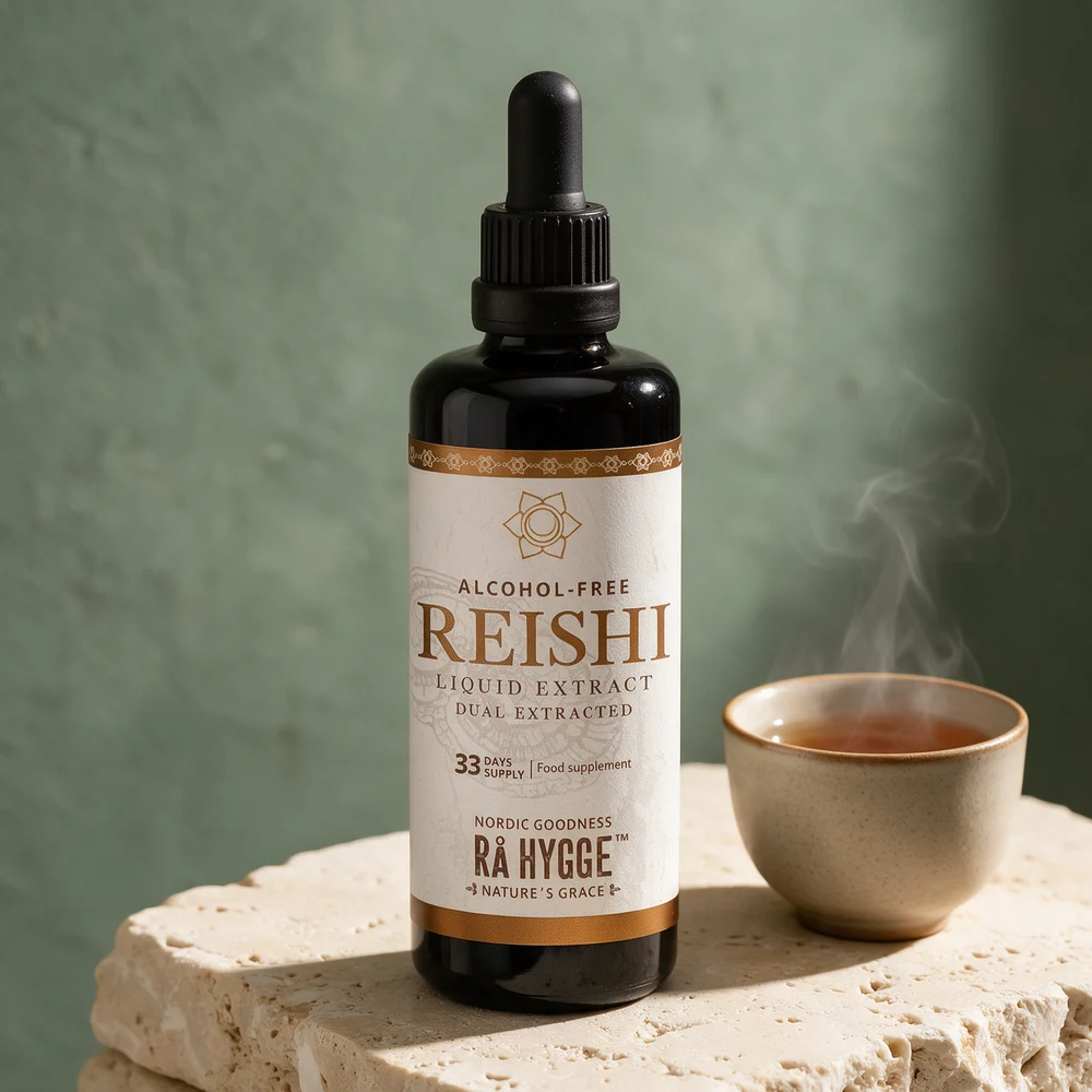Rå Hygge Alkoholfri Reishi, 100 ml i fiolett glassflaske med pipette
