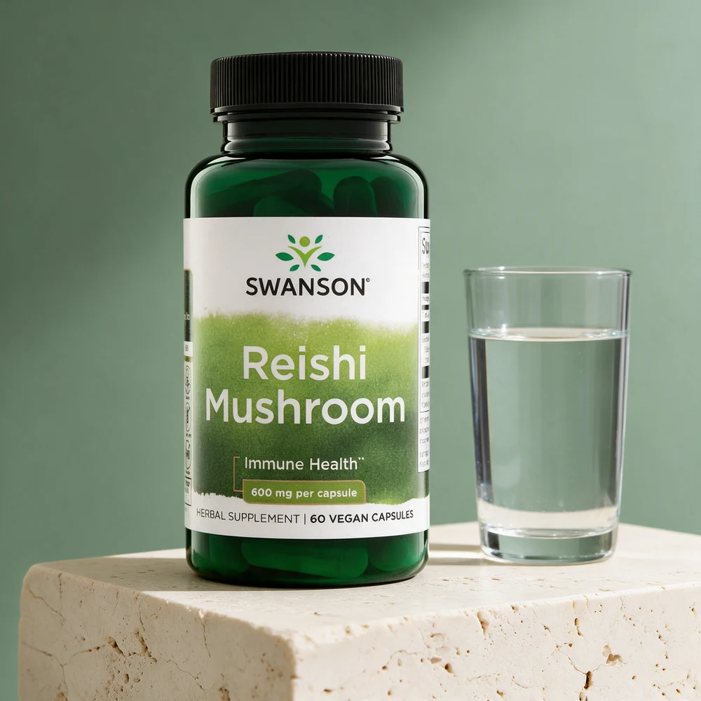 Swanson Reishi Mushroom 600 mg, boks med 60 kapsler malt fruktlegeme